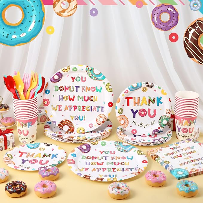 168 Pcs You Donut Know How Much We Appreciate CNA Week Gifts Bulk 2026 Party Decor Employee Appreciation Decoration Donut Thanks for All You Do Doughnut Tableware Set Serve 24 for Staff