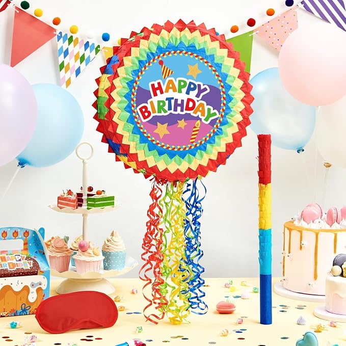 WERNNSAI Happy Birthday Piñata - Happy Birthday Party Games for Kids Birthday-themed Party Supplies Sunflower Party Decorations Mexican Color Design Sunshine Decor Favors with Stick & Blindfold