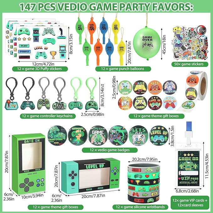147 Pcs Video Game Party Favors for Kids Gamer Goodie Bag Stuffers Gaming Birthday Party Supplies with Gift Boxes, VIP Pass, Balloons, Bracelets, Keychains, Badges, 3D Stickers (Green)