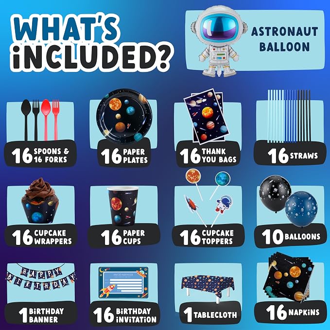 ecoZen Austranaut Birthday Party Decorations - Space Themed Supplies for 16 Guests, Includes Plates, Cups, Napkins, Banner, Cutlery, Balloons, Tablecloth, Straws, Toppers