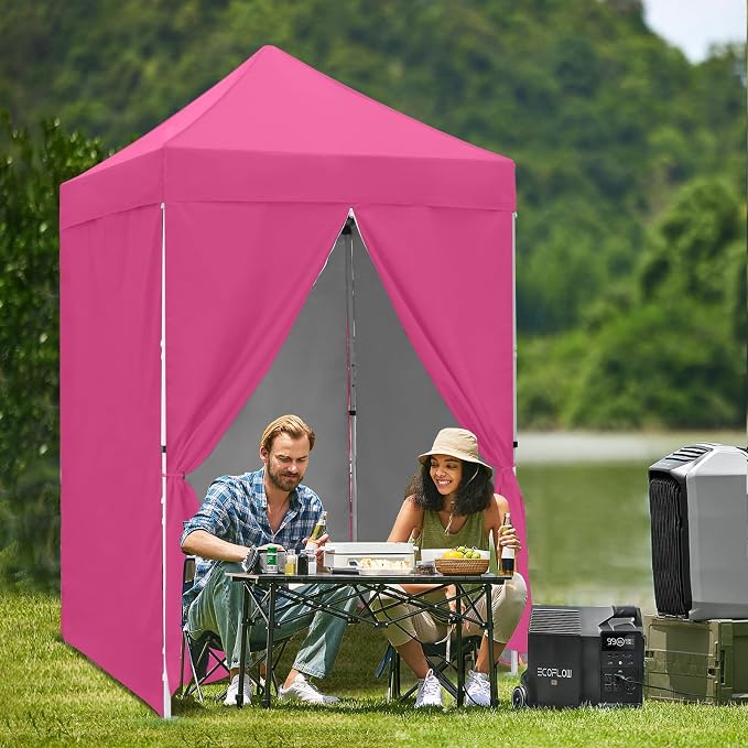 5x5 Pop Up Canopy Tent with Four Sidewalls, Instant Portable Beach Canopy, Outdoor Tent with Carry Bag for Camping, Sports, Tailgating, Events, Pink