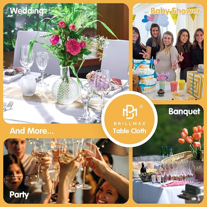 BRILLMAX 10 Pack White Tablecloths 70 x 120 Inch for 6ft & 8ft Rectangle Tables - 150 GSM Polyester Fabric, Universal Fit, Water, Stain & Wrinkle Resistant Cloth Cover for Wedding Reception Banquet