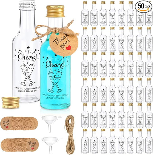 OurWarm 50 Pack Mini Liquor Bottles, 1.7oz/50ml Mini Shot Bottles with Gold Screw Caps Funnels Tags & Twines, Empty Wine Bottles for Juice Alcohol Homemade Liquor Birthday Wedding DIY Party Favors