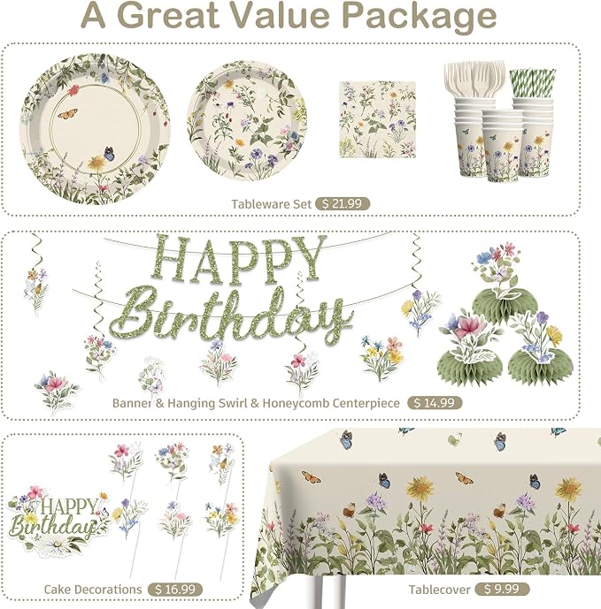Wildflower Party Decorations for Girl, Flower Birthday Party Supplies Set with Banner, Plates, Cups, Napkins, Balloons, Tablecloth & Cake Toppers Serves 25
