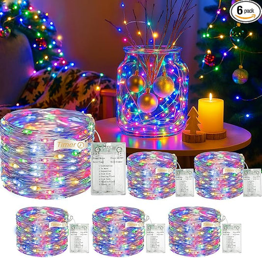 6 Pack 16FT 50 LED Fairy Lights Battery Operated with Timer, 8 Modes USB Mini Twinkle Light, Small String Lights for Christmas Tree Wreath Vase Bedroom DIY Wedding Decorations-Multi-Colored
