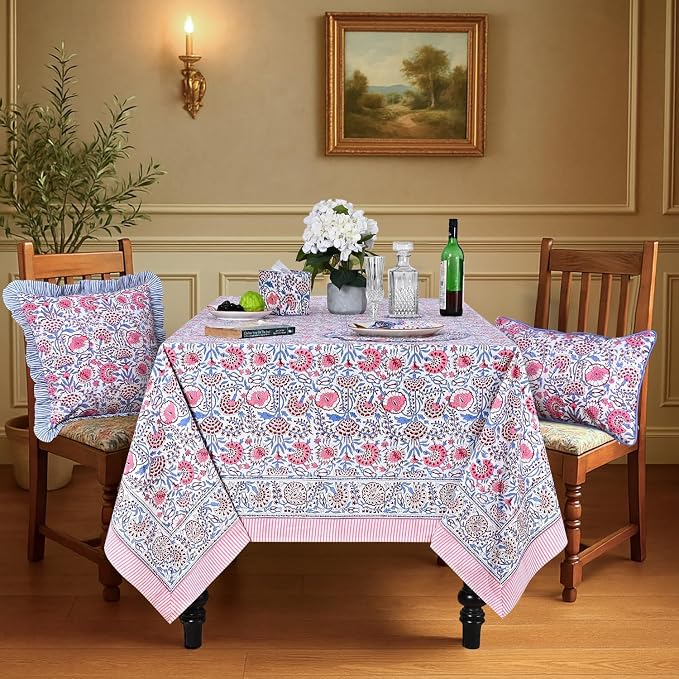 Ridhi Pigeon Blue and Flamingo Pink Hand Block Print Cotton Rectangle Tablecloth 120" x 80" inches Reusable Table Cover Decorative Everyday Use for Dining Room, Farmhouse, Gift Spring, Mother's Day