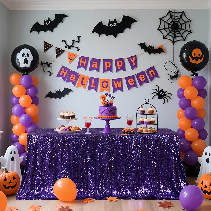 Poise3EHome Purple Sequin Tablecloth 50×72 Inch Rectangle Sparkly Fabric Table Cover Overlay for Halloween Birthday Party Holiday Decoration