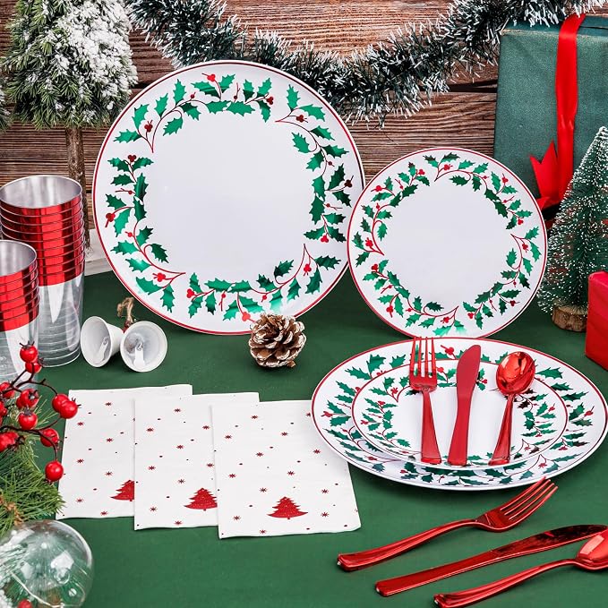 WDF 175Pcs Disposable Christmas Plates & Napkins - 25 Dinner & Dessert Plates, 25 Utensils, 25 Cups, 25 Christmas Napkins