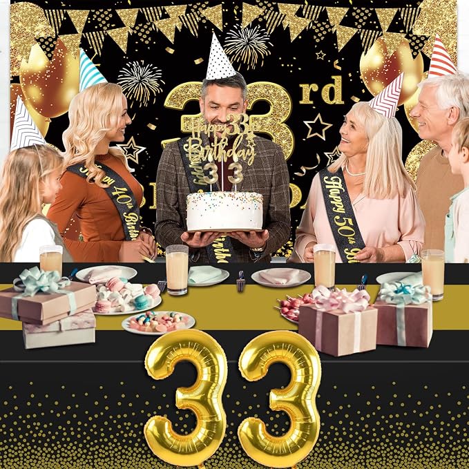 33rd Birthday Decorations Men Women with 33rd Birthday Banner, Black and Gold Table Cloth, Number Balloons, Large Sash, Cake Topper and Candles