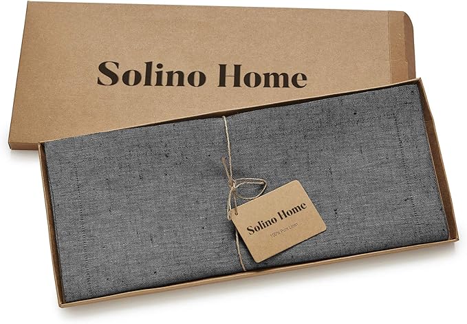 Solino Home Linen Table Runner 36 Inches - 100% Pure Linen Charcoal Grey Table Runner 14 x 36 Inch Ideal for Dresser and Coffee Tables - Athena
