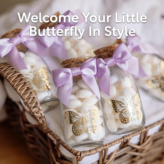 Ethisa Small 24 Pack Butterfly Party Favor Glass Bottles with Ribbons and Stickers - Vintage Baby Shower and Birthday Favors for Guests and Table Centerpieces Decorations - Purple Theme Candy Jar
