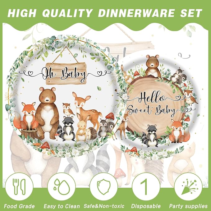 170pcs Woodland Animals Baby Shower Decorations Pack Forest Animal Neutral Gender Reveal Party Supplies Woodland Themed Birthday Party Ideas Set , Tablecloth, Cake Toppers,for 25 Guests