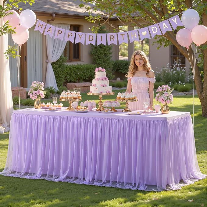 Suppromo Lavender Tulle Tablecloth for 4 Foot Rectangular Tables, 48 x 24 Inch White Rectangle Table Cloth, Wrinkle Free Table Cover with Tutu Skirt for Wedding Birthday Party Banquet Tablecover