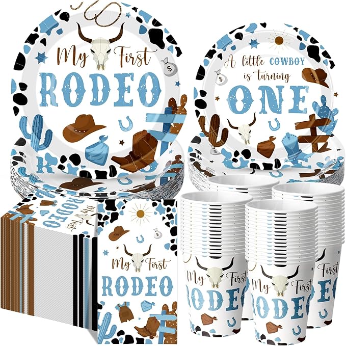 Pickmesh 250 Pcs My First Rodeo Party Decorations Western Cowboy Disposable Tableware Set My First Rodeo Paper Plates Napkins and Cups for 1st Boy Birthday Baby Shower Party Decorations Serve 50