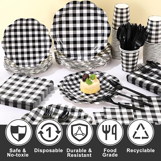 Funnymoom 400 Pcs Gingham Party Supplies for 50 Guests Black and White Paper Plates and Napkins Knives Spoon Fork Cup Disposable Checkered Dinner Party Set Cutlery for Baby Shower Wedding Favor