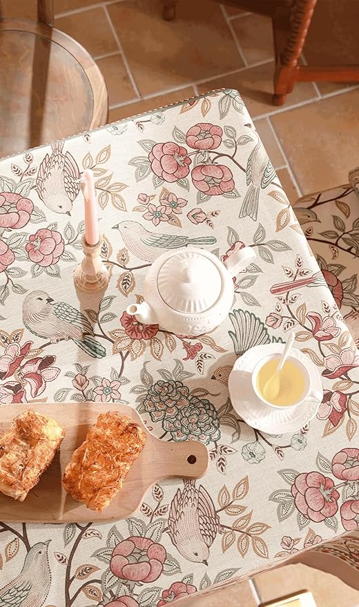 patdrea Vintage French Linen Tablecloth,Rectangular,102"x63"-Kulom A | Elegant Large Table Cloth for Rectangle Table,Leaves and Bird Patterned,Dining Room Tea Party Thanksgiving Decor,Pink