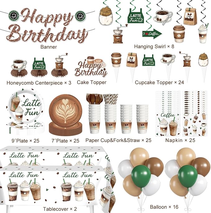 213pcs Coffee Birthday Decorations, Serves 25 People, Includes Pre-Strung Banner, Heavy-Duty 350gsm Paper Plates, Waterproof & Oil-Proof Disposable Plastic Tablecloths