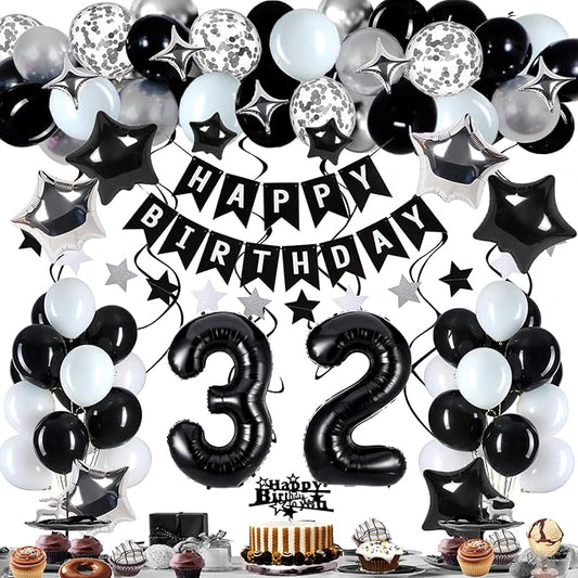 32nd Birthday Decorations for Men Women, Black White and Silver Happy 32 Party Decor Set with 32 Number Foil Balloons, Banner, Cake Topper for Him Her