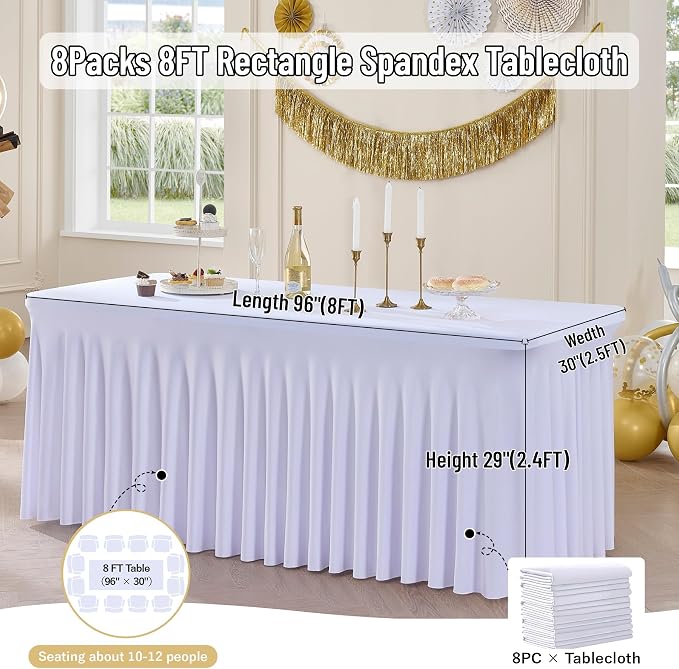 leegleri White Spandex Table Clothes for 8 Foot Rectangle Tables, 8 Pack Wrinkle Free Rectangle Table Cloth 8ft Stretch Fitted Tablecloths with Skirt for Parties Weddings Birthday Banquet Baby Shower