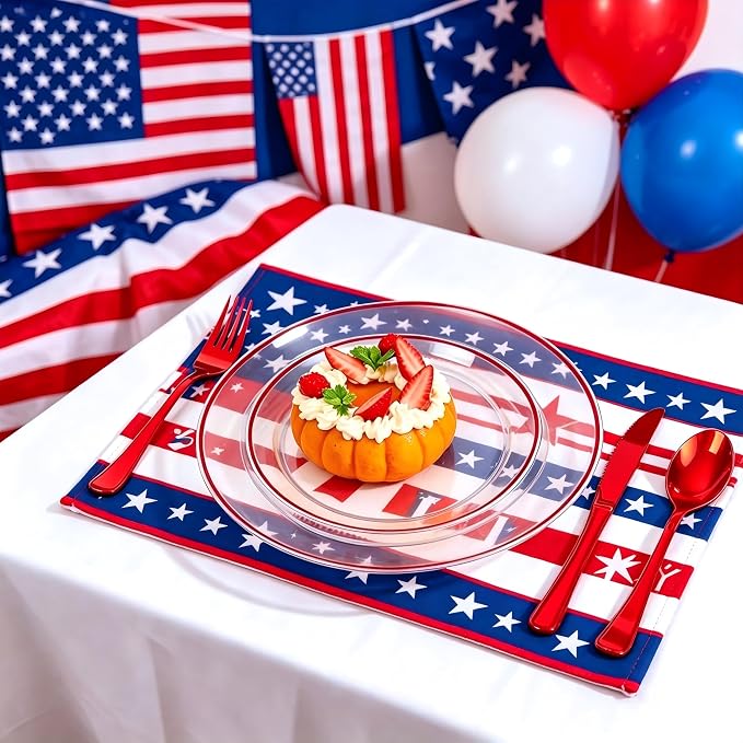 SUT 175 Pcs Red and Clear Plastic Dinnerware Set for 25 Guests, Include: 25 Dinner Plates, 25 Dessert Plates, 25 Pre Rolled Napkins With Silverware, 25 Cups, Disposable Plates for Party