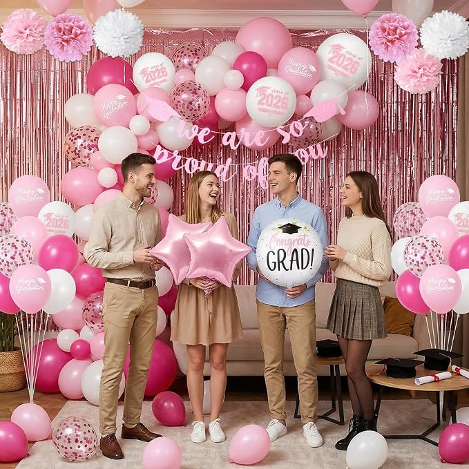 Graduation Party Decorations Pink, Congrats GRAD Banner Paper Pompoms Pink Fringe Curtain Backdrop Star Foil Balloons Pink White Latex Balloon for Graduation Class of 2026 Decorations
