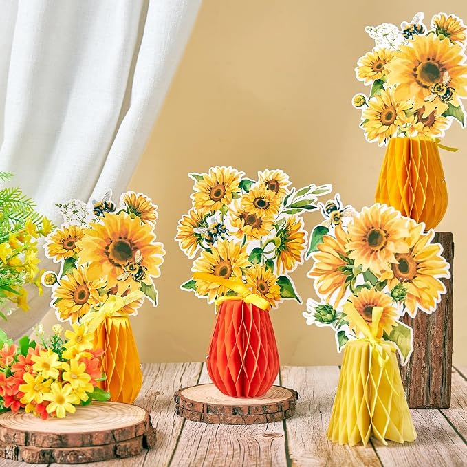 SUNBEAUTY 9 PCS Sunflower Honeycomb Centerpieces Sunflower Party Decorations Yellow Honeycomb Table Centerpiece for Spring Summer Garden Themed Birthday Baby Shower Decor