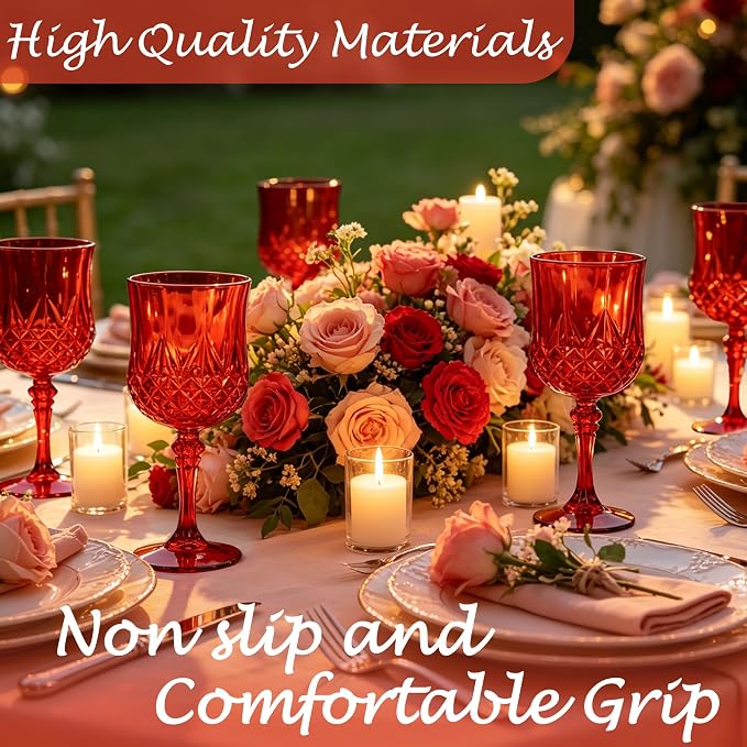 Plastic Wine Glasses, Plastic Goblets Vintage Style Cordial Unbreakable Drinking Glasses, Reusable Drinkware for Wedding Reception, Grand Event Party Supplies (12, Red)