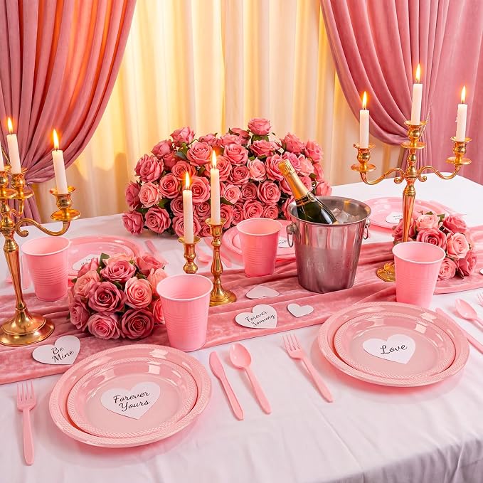 MirthMood 350pcs Pink Plates Disposable Including Pink Plastic Plates, 12OZ Cups, Plastic Cutlery and Napkins Serve 50 Guests for Spring Wedding,Birthday Party Dinner,Daily Use