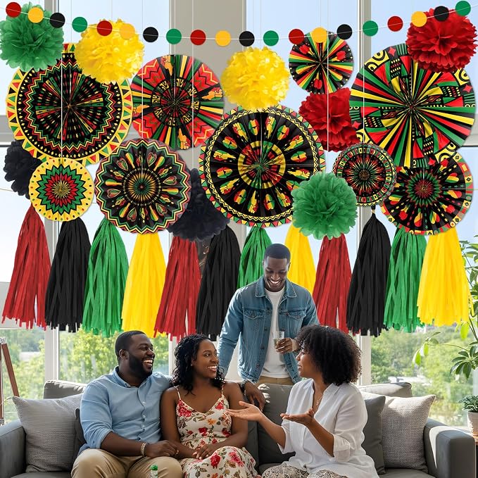 Rakuto Black History Month Party Decorations,30PCS Juneteenth African American Themed Paper Fans and Paper Poms Decoration,Happy June African Themed Tassel Garland Party Decor