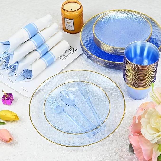 175pcs Blue Hammered Plastic Dinnerware Set for 25 Guests - Disposable Plastic Plates with Gold Rim, Heavy Duty 9oz Cups Pre-Rolled Napkins with Cutlery Ideal for Party