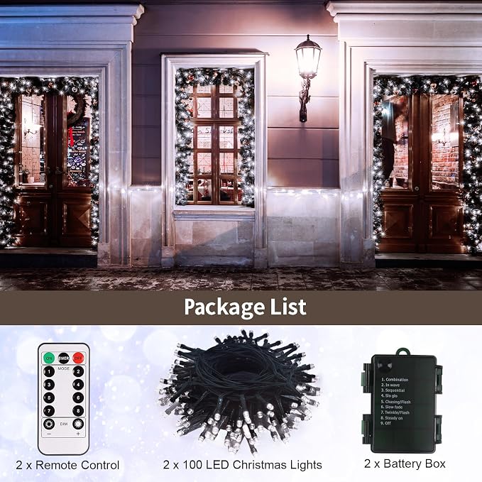 2 Pack String Lights Battery 33Ft 10 LED Christmas Tree Lights for Garden | Green Wire,Remote,Timer, 8 Modes, Waterproof, Fairy Lights for Bedroom Wreath Tree Christmas Decor, Cool White