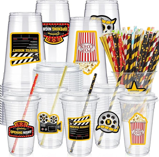 FoldTier 60 Set Movie Night 20 oz Plastic Cups Disposable Clear Cups with Lids and Paper Straws for Movie Night Party Favor Supplies Decorations