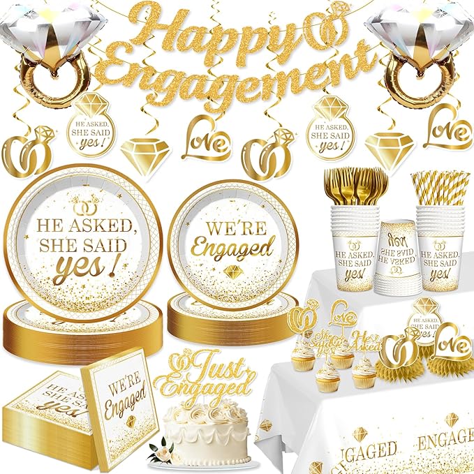 Engagement Party Decorations, Happy Engagement Banner Ring Foil Balloons He Asked She Said Yes Disposable Dinnerware with 2 Pcs Waterproof Engaged Tablecloth Wedding Proposal Decorations Party Decor