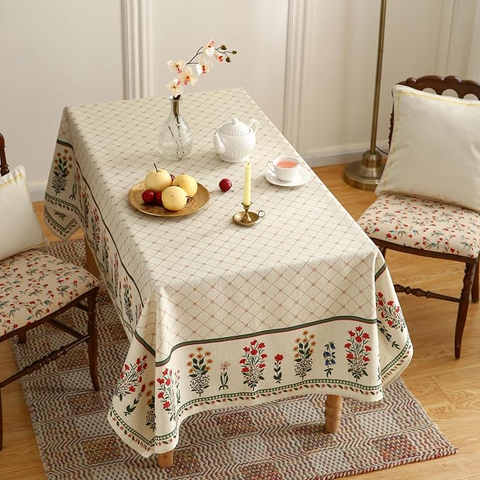ISAENNE Designer French Linen Rectangular Tablecloth,71"x55"-Bertina E | Elegant French Table Cloth for Rectangle Table,Colorful Floral Pattern,Dining Room,Tea Party,Kitchen,Thanksgiving,Decor