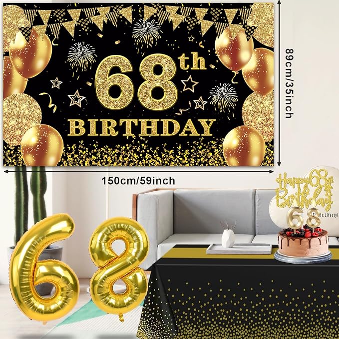 68th Birthday Decorations Men Women with 68th Birthday Banner, Black and Gold Table Cloth, Number Balloons, Sash, Cake Topper and Candles