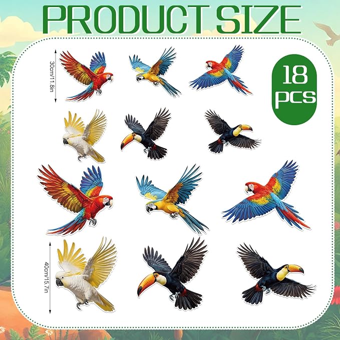 18 Pcs Large Tropical Bird Party Decorations 3D Realistic Paper Hanging Bird Decoration Paper Parrot Toucan Birthday Party Supplies for Wedding Jungle Baby Shower Room Ceiling Decor