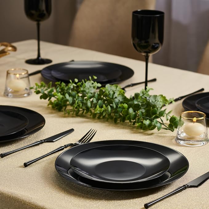 PLASTICPRO 32 Piece Combo Plates Set includes 16-7'' inch Plates & 16-10'' inch Plates Black Plastic PartyPlates Premium heavyweight Elegant, Disposable, Tableware, Dishes,
