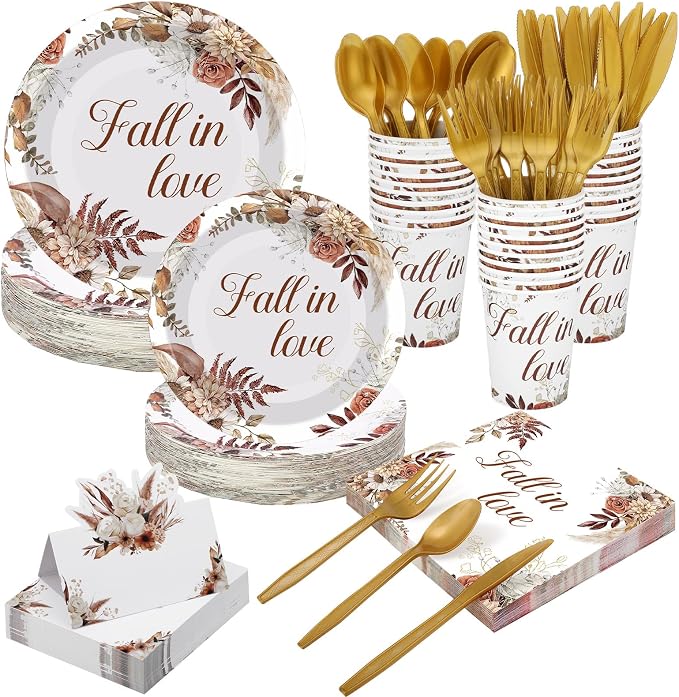 Shellwei 410 Pcs Fall in Love Bridal Shower Decorations Boho Floral Paper Plates and Napkins Set Disposable Party Tableware Sets with Cups Knives Forks Spoons Seat Card Favors for 50 Guests