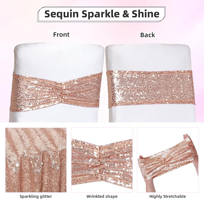 Poise3EHome Rose Gold Sequin Chair Sashes Folding Chair Covers Bow for Party Wedding Reception Decorations, 10 PCS