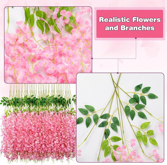 Alotiki Wisteria Hanging Flowers,50 Pack Fake Hanging Flowers,Wisteria Artificiales Garland for Home Wedding Arch Floral Party Garden Ceremony Outdoor Decor,3.6 Feet Long(50,Pink)