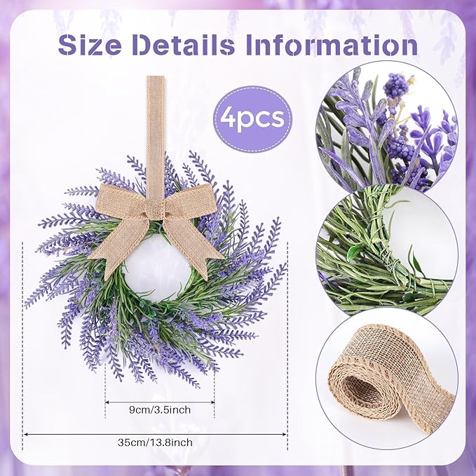 4 PCS Spring Wreath for Front Door Lavender Candle Ring Wreaths Mini Purple Table Centerpieces 9 Inch Floral Wreaths for Pillars Cabinets Farmhouse Spring Summer Wedding Party Home Decor