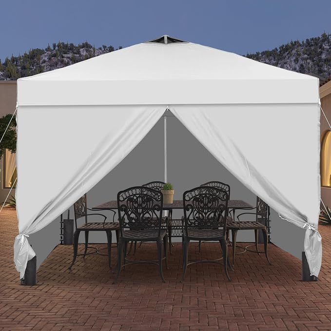 GDY 12x12ft Pop Up Canopy Tent with 4 Sidewalls, with Center Lock, 3-Level Height Adjustment, Wheeled Bag, for Gardens, Poolside, or Patio Lounge Spaces, White