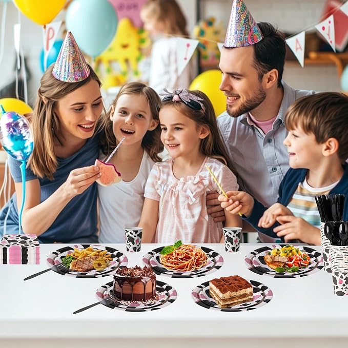400 Pcs Disposable Pink Cow Print Tableware Set for 50 Guests | Heavy-Duty 7" & 9" Paper Plates, Cups, 13" Napkins & Plastic Cutlery for Cow Birthday, Farm and Western Party Supplies
