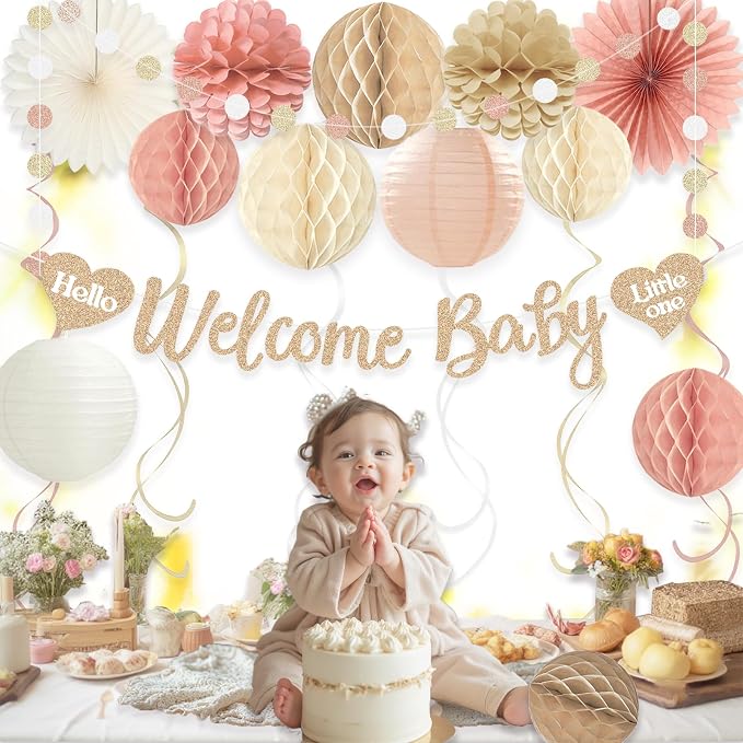 Boho Blush Pink Baby Shower Decorations for Girl, Pre-Strung, 24pcs | Welcome Baby Sign, Honeycomb Balls, Paper Flowers, Lanterns, Fans, Streamers, Dots Garland for Girl Baby Shower Decorations