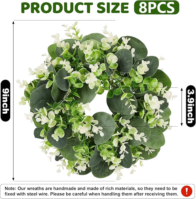 8PCS Artificial Eucalyptus Leaves Small Wreaths Green Candle Rings, Wreaths Spring Summer Greenery Garland Pillar Candle Holder for Home Wedding Party Table Centerpiece Decoration