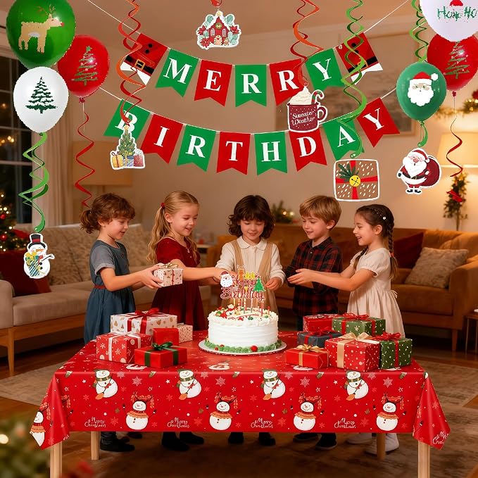 Christmas Themed Happy Birthday Party Decorations, Plates Napkins Cups Tableware, Christmas Snowman Backdrop Tablecloth, Happy Birthday Banner, Cake Topper, Colorful Printed Balloons for Kids Adults
