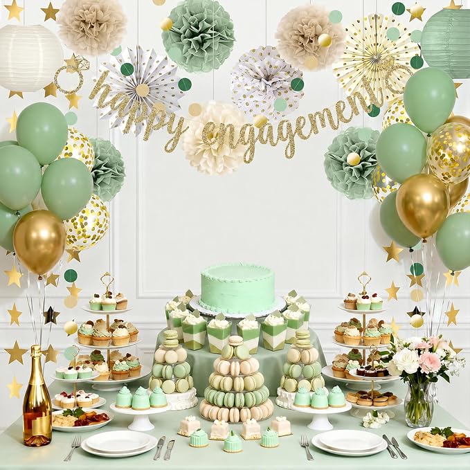 Engagement Party Decorations Boho Sage Green and Gold - 46 Pcs Pre-strung Happy Engagement Banner, Paper Lanterns, Fans, Pom Poms, Tassels, Garland, Balloons, Just Engaged Decorations Kit