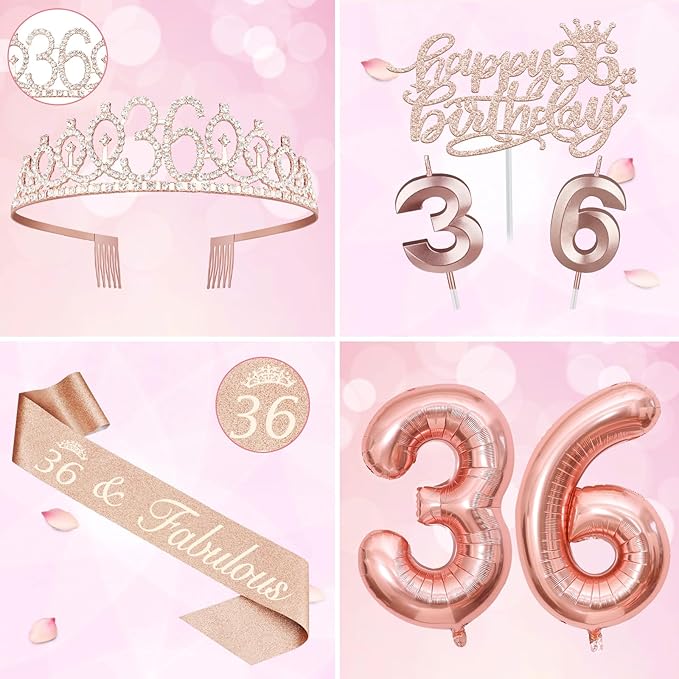 36th Birthday Decorations for Women, Including 36th Birthday Sash and Tiara, Cake Topper and Candles, Number Balloons, 36 Year Old Gifts for Women