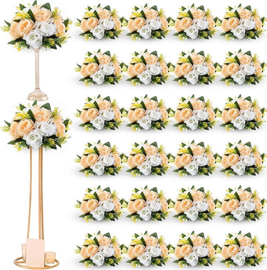 Hotop 24 Pcs Artificial Rose Flower Balls for Centerpieces, Silk Roses Kissing Balls Romantic Faux Floral Arrangements for Engagement Wedding Home Decor (Champagne,White)