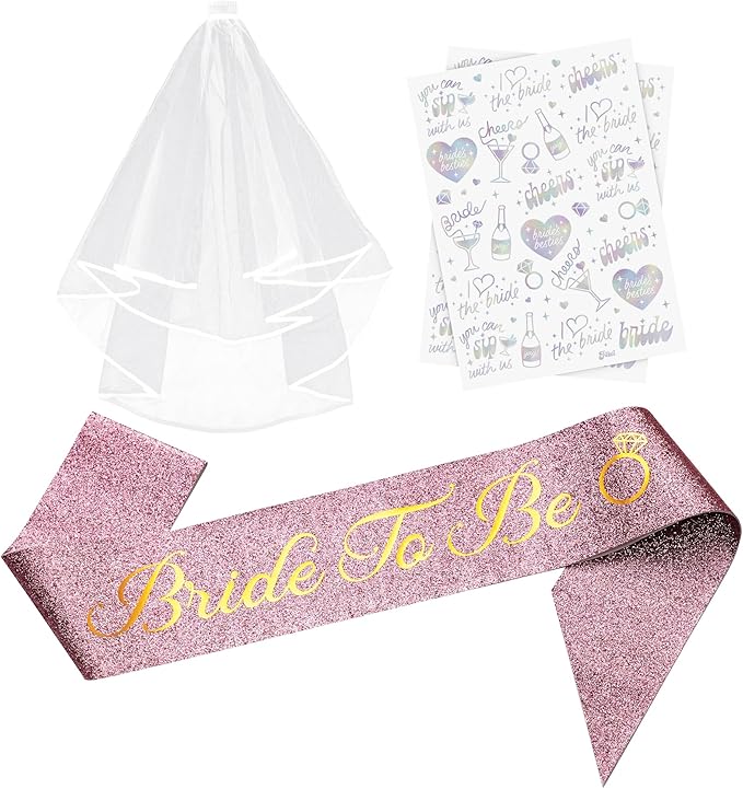 Glitter Bride to Be Sash Set – Glitter Sash, Plain Veil & Temporary Tattoos – Bridal Shower Hen Night Bachelorette Party Accessories
